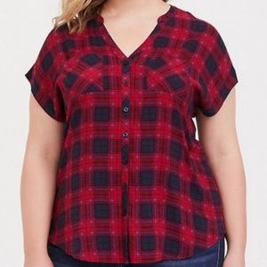Torrid Red and Blue Plaid Challis Dolman Button-Down Top